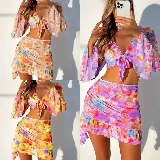 2026 New 4 Piece Bikini Set Women  Floral Print Long Sleeve Mesh Cover Up Ruffle Skirt Swimsuit  Sexy Bathing Suit Swimwear Good Vibrations
