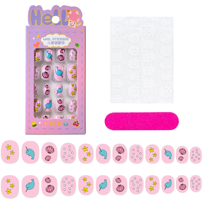 24Pcs/box Kids nails for Girl Cartoon Pattern False Nail Cute Child Fake Nails Tips Kawaii Acrylic Artificial Press on Nail+Tool Good Vibrations