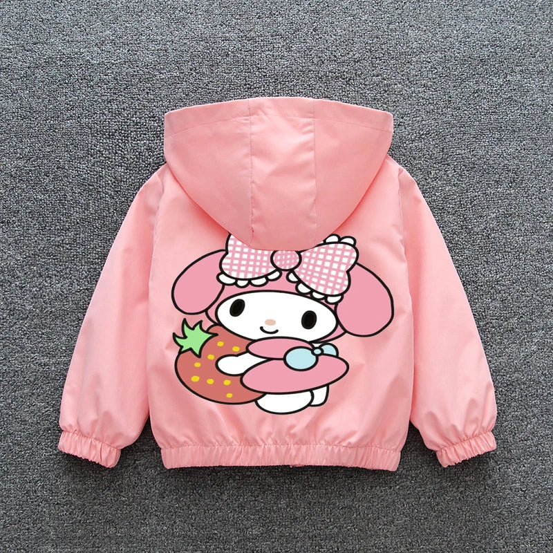 Kuromi Melody Girls Windbreaker Jacket 2024 New Spring Autumn Kid Fashion Cartoon Zipper Hooded Coat Teen Clothing Birthday Gift Good Vibrations