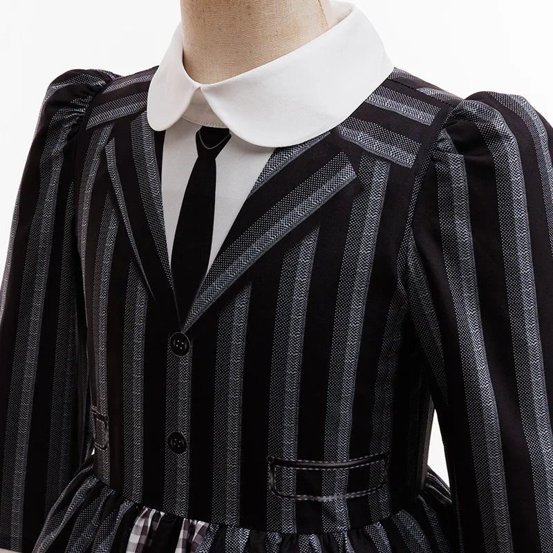 Halloween Gothic Style Costume Dress for Girls Wensday 2 Cosplay Striped School Uniform Party Ball Gown Kids Vestidos Good Vibrations