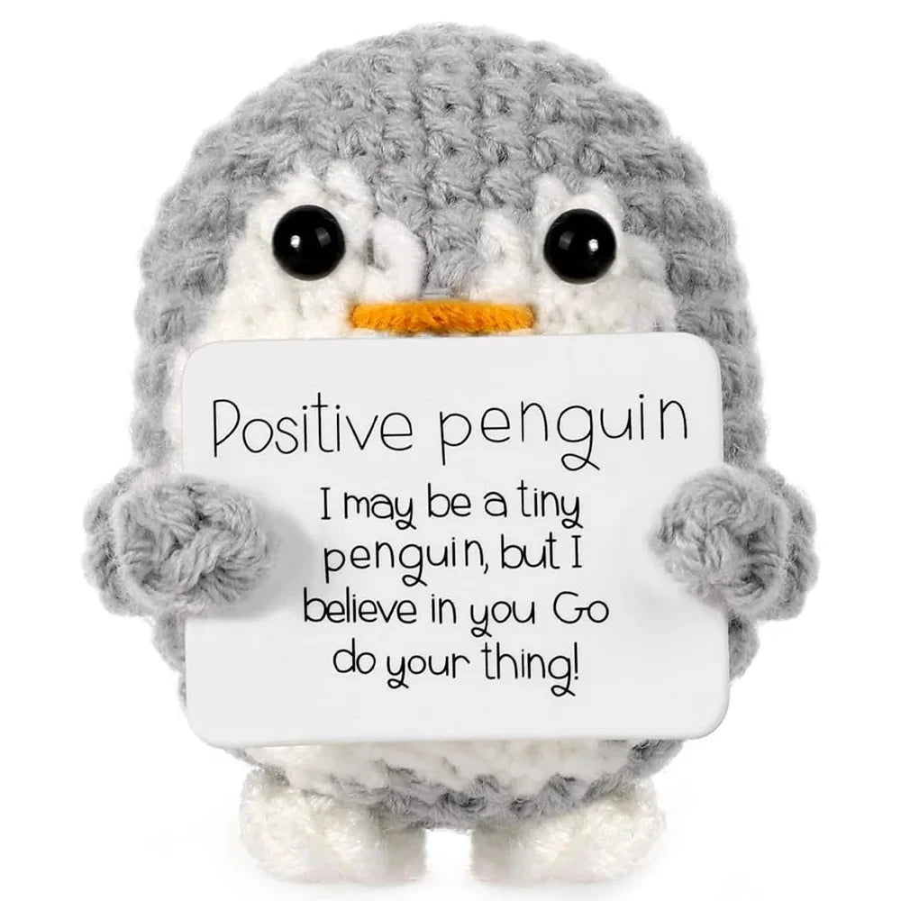 Funny Positive Energy Penguin Hug Pocket Doll Mini Handmade Plush Knitted Penguin Ornament Home Room Decoration Christams Gift Good Vibrations