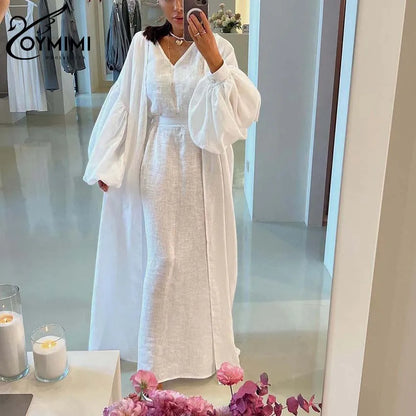 Oymimi Elegant Yellow Cotton Hemp 2 Pc Sets Womens Outfits Casual Puff Sleeve Robe And V-Neck Sleeveless Floor-Length Dress Sets