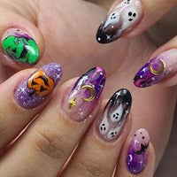 24Pcs Halloween False Nails Ghosts Bats Fake Nails Short Square Press on Nails Full Cover Nail Tips Manicure Tools Good Vibrations