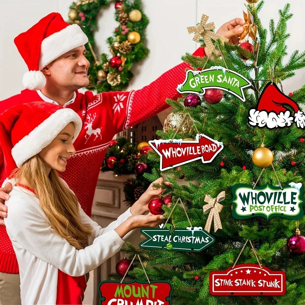 8 Pack Christmas Whoville Tree Decorations,Xmas Large Christmas Crafts Tree Hanging Ornaments Signs for Christmas Welcome to Hom Good Vibrations