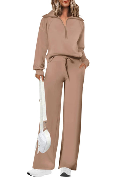 Women's Two-Piece Sports Set Loose-Fit Half-Zip Sweatshirt Wide-Leg Joggers Home & Leisure Set Sportswear Ensemble Good Vibrations