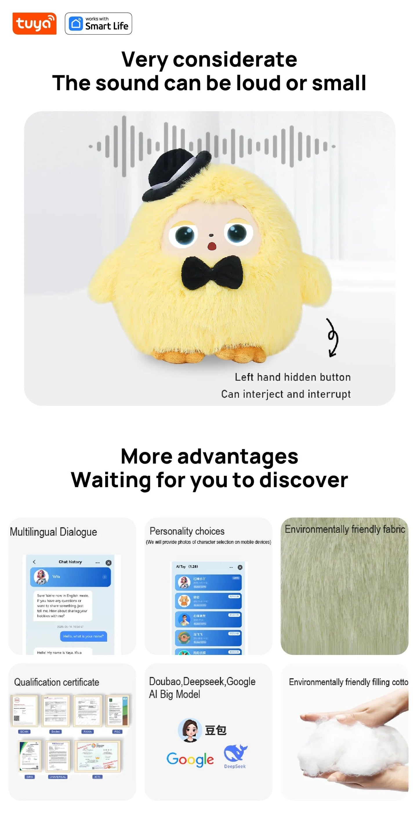 Tuya AI Plush Toy w/Smart Voice & LED Eyes,Interactive Companion for Kids/Adults,Gift-Ready Rechargeable E-Pet open up fun life Good Vibrations