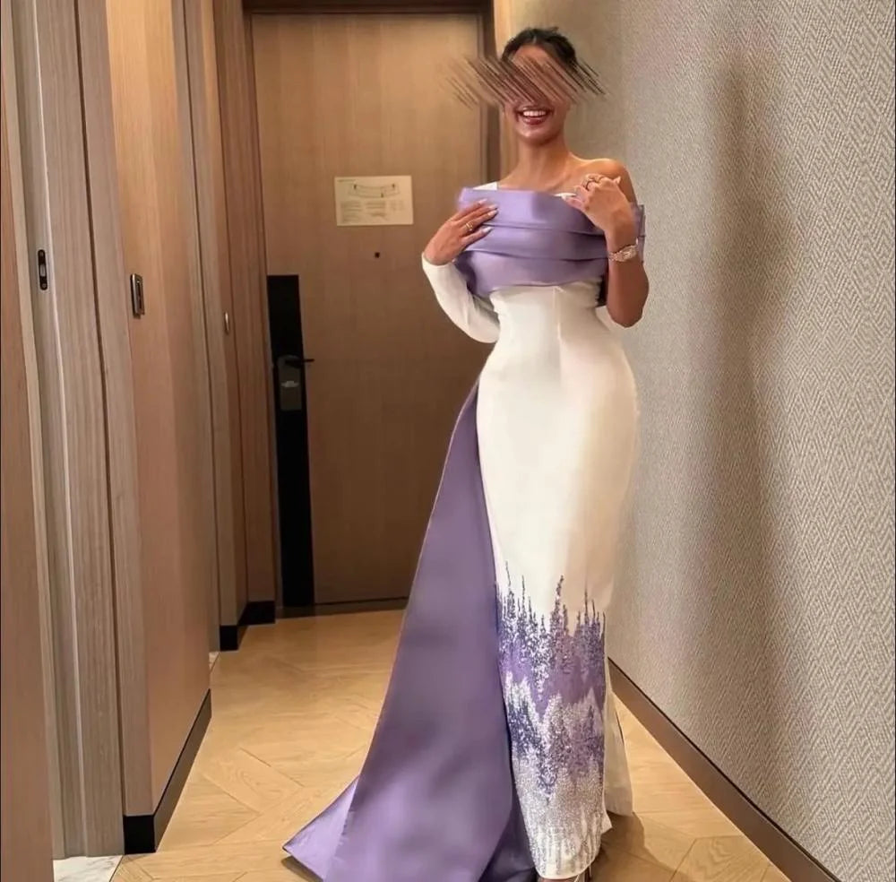 Customized Elegant One Shoulder Evening Dresses Long Sleeves Straight Party Dresses with Satin Sweep Train Women Prom Dresses Good Vibrations