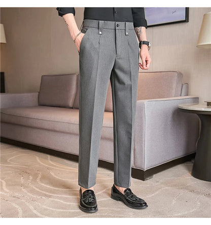 Mens Suit Pants 2025 Autumn New British Style Elastic Waist Solid Casual Formal Dress Pants Slim Fit Trousers for Men Clothing Good Vibrations