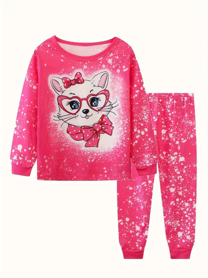2pcs Girls Casual Cartoon Unicorn Print Crew Neck Pink Cotton Pajama Sets Good Vibrations
