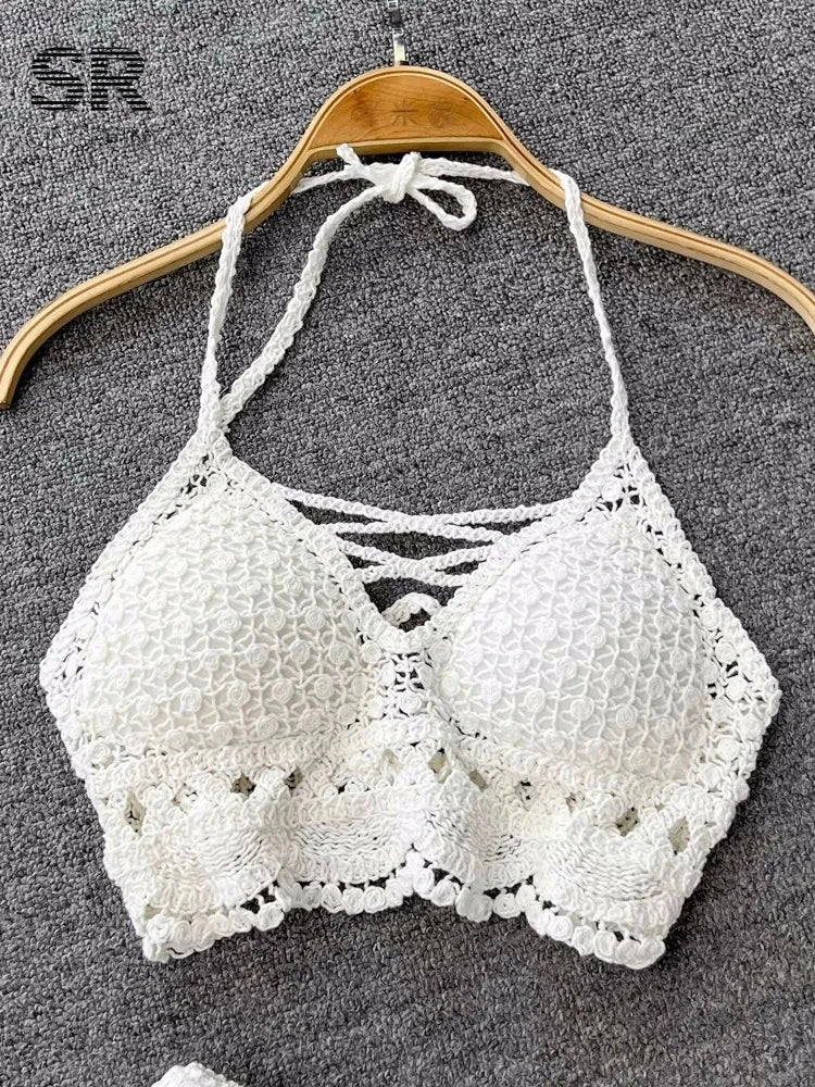 SINGREINY Knit Two Piece Sets Women Summer Vacation Backless Camisole Elastic Waist Shorts Hollow Out Y2K Beach Style Suits Good Vibrations