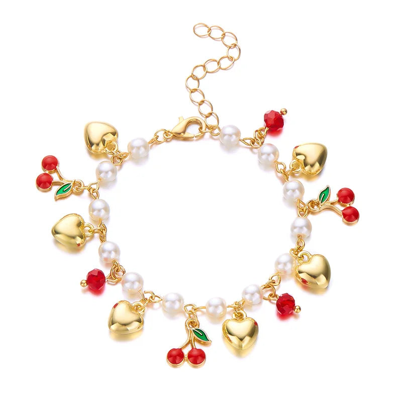 Charm Red Strawberry Bracelet For Women Cute Cherry Heart Shape Fruit Pearl Metal Chain Wristband Girls Party Friendship Jewelry Good Vibrations