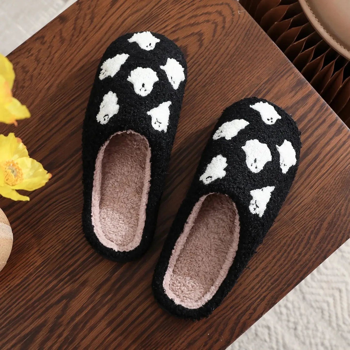 Halloween Ghost Pattern Black Cotton Slippers Non-slip Thick Sole Lightweight stuffed Slippers Holiday Gift Good Vibrations