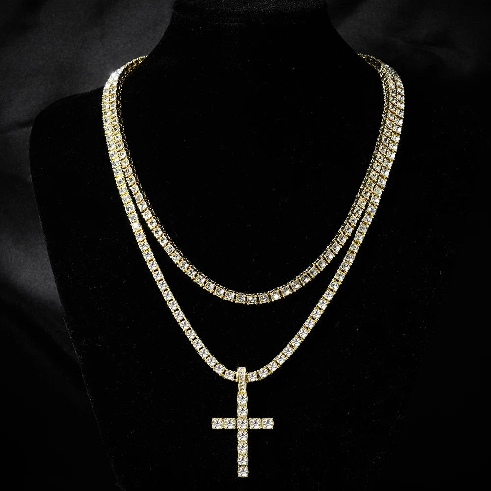 Hip Hop Iced Out Cross Pendant Necklace Strap 4mm Zircon Tennis Chain Men Women Sparkling Necklace Punk Jewelry Fashion Gift Good Vibrations