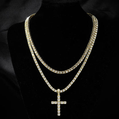 Hip Hop Iced Out Cross Pendant Necklace Strap 4mm Zircon Tennis Chain Men Women Sparkling Necklace Punk Jewelry Fashion Gift Good Vibrations