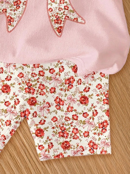 2-Piece Set of Simple and Versatile Casual Summer Outfits for Girls: Toddler Girls' Bowknot Round-Neck Short-Sleeve Top + Elastic Waist Floral Print Shorts, Outdoor Stylish and Youthful Children's Clothing Good Vibrations