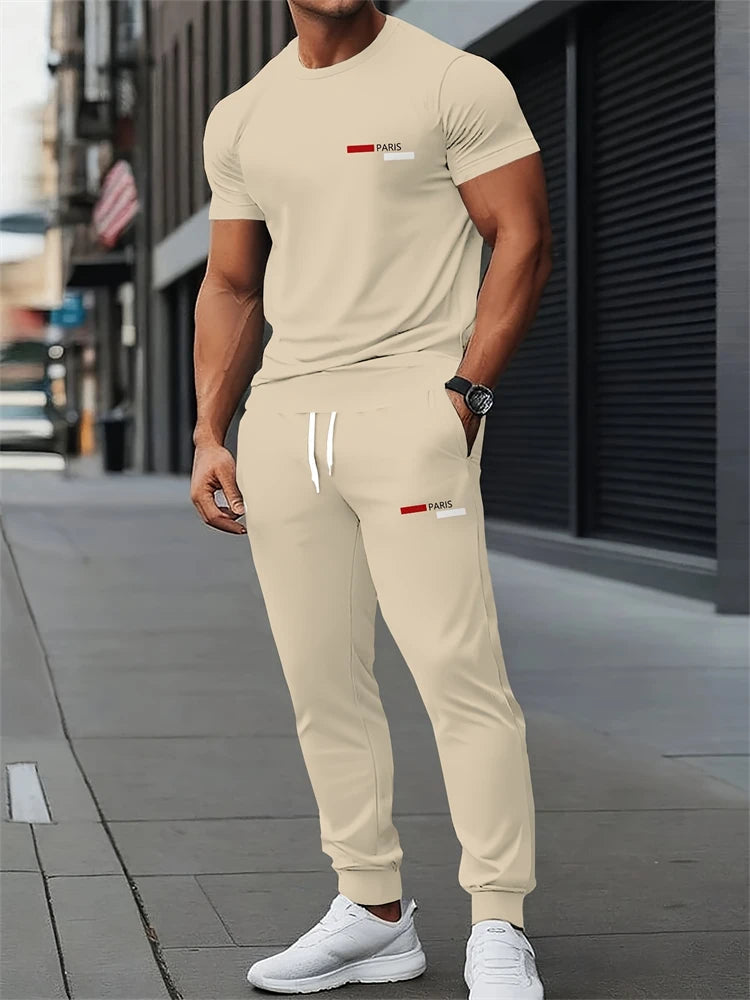 Men's Spring/Fall Two-Piece Set Crew Neck Short Sleeve Top With Relaxed Fit Casual Pants Outdoor Streetwear Minimalist Style Set Good Vibrations