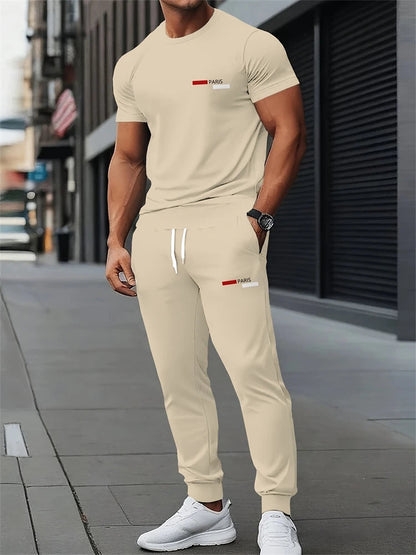 Men's Spring/Fall Two-Piece Set Crew Neck Short Sleeve Top With Relaxed Fit Casual Pants Outdoor Streetwear Minimalist Style Set Good Vibrations
