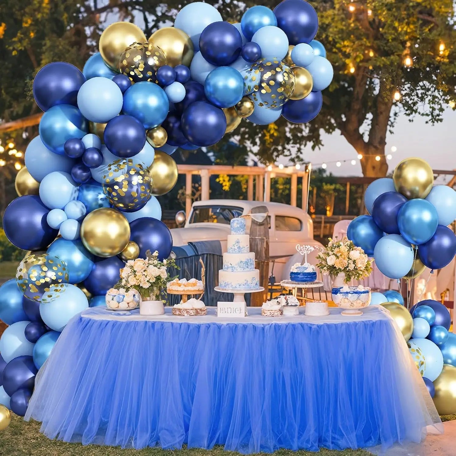 Blue White Metallic Balloons Garland Kit Gold Confetti Balloon Arch for Baby Shower Birthday Graduation Wedding Party Decoration Good Vibrations