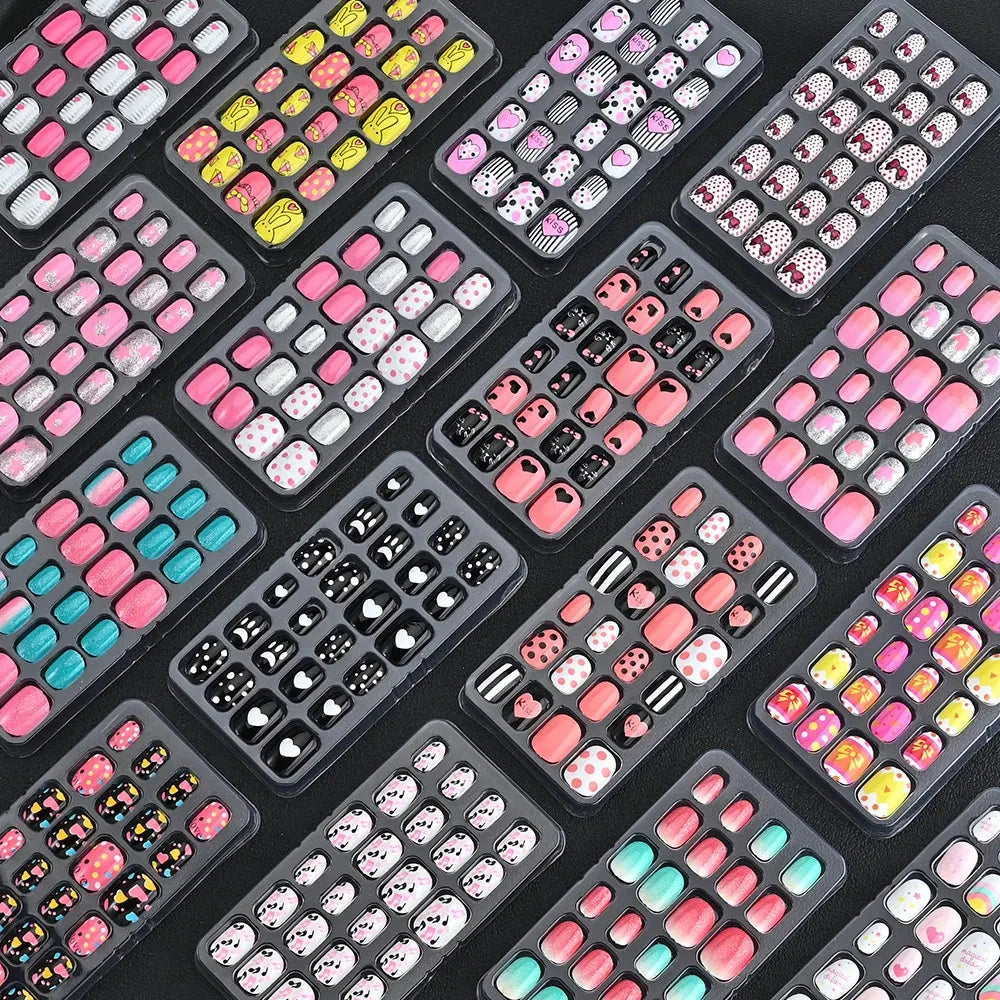 24 Pcs/box Children Cartoon Nail Tips Colorful Artificial Fake Nails for Cute Kids Girls Full Cover Short False Nail Art Kits* Good Vibrations