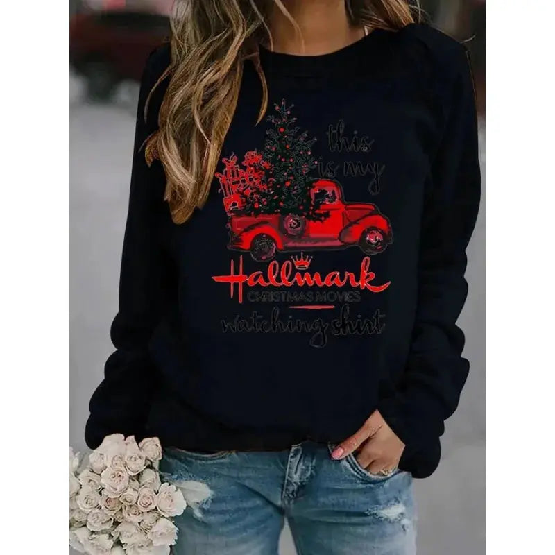 Christmas Tree Car Printed Long Sleeve Collar Loose Round Neck Hoodie Winter Autumn Graphic T Shirts  Women Clothing Good Vibrations