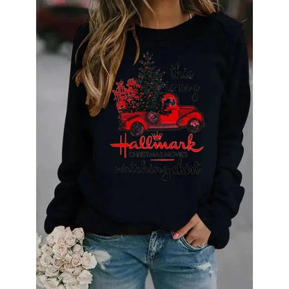 Christmas Tree Car Printed Long Sleeve Collar Loose Round Neck Hoodie Winter Autumn Graphic T Shirts  Women Clothing Good Vibrations