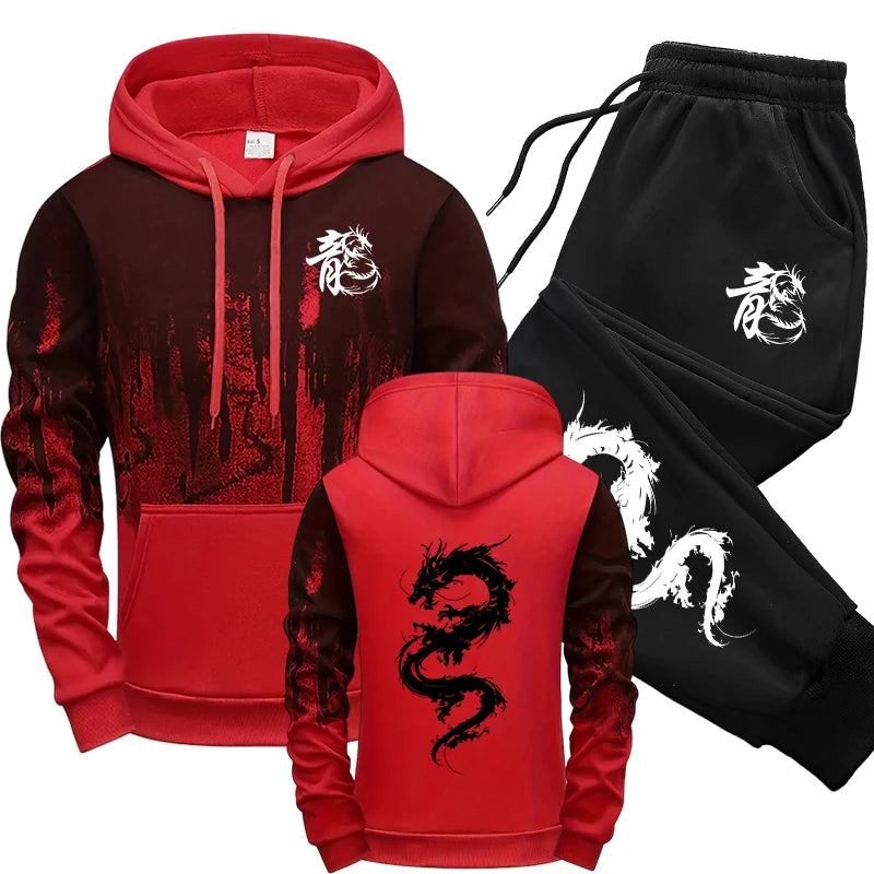 Chinese Dragon Tracksuit Hooded Sweatshirt Sweatpants City Vibe Hoodie 2 Piece Set Autumn Winter Men's Daily Casual Sport Outfit Good Vibrations