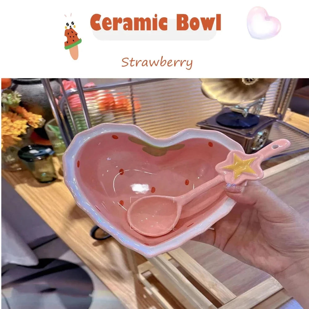 Strawberry Ramen Bowls and Spoons Creative Ceramic tablewear Anti-scald Instant Noodle Bowl Cute Strawberry Bowl Pretty Bowl Good Vibrations