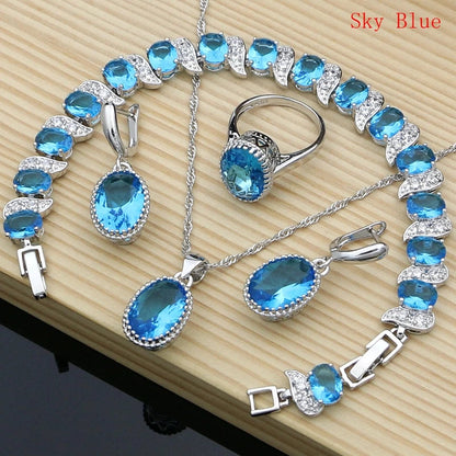 LMFAELECA 925 Silver Women Jewelry Sets Blue Sapphire Earrings Necklace Ring Bracelets Set Gift for Mom/Wife/Sister/Best Friend Good Vibrations