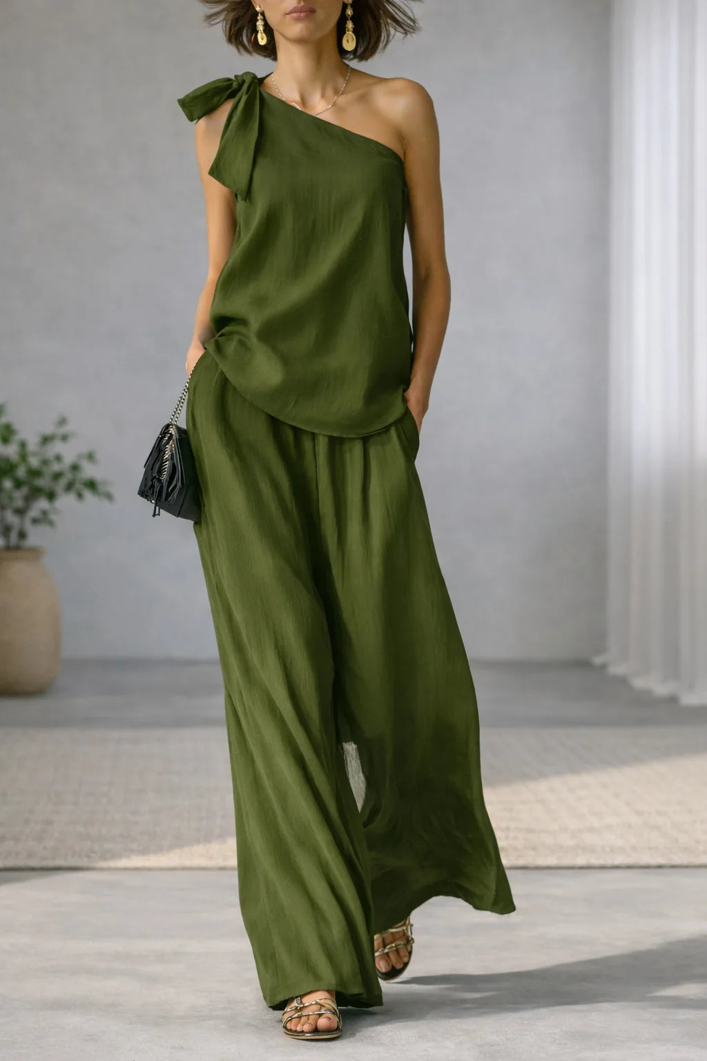 Women's 2 Piece Set 2026 Summer Sexy One Shoulder Tie Knot Top And Wide Leg Pants Suit Casual Loose Summer Beach Vacation Outfit Good Vibrations