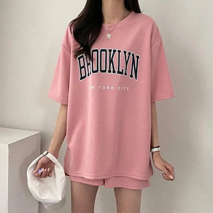 Two Piece Shorts Sets T Shirt Top Shorts Casual Suits 2025 Summer Female Short Sleeve Sporty Outfit Cotton Suit Women Clothing Good Vibrations