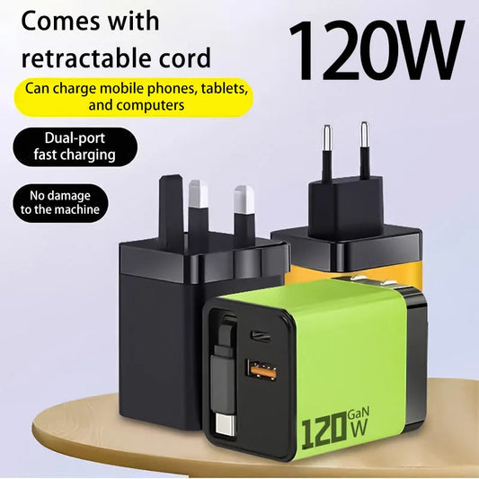 120W Charger Equipped With Telescopic Gallium Nitride Fast Charging Data Cable Phone Charger Adapter For Android IPhone Charger Good Vibrations