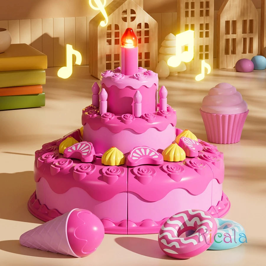 Birthday Cake Toy Play Food Set Realistic Simulation Blowing Candle Kids Pretend Play Dessert Fruit DIY Toy Birthday Gift Good Vibrations