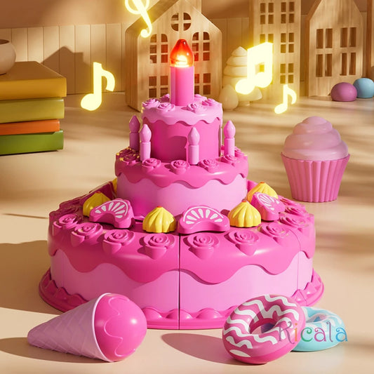Birthday Cake Toy Play Food Set Realistic Simulation Blowing Candle Kids Pretend Play Dessert Fruit DIY Toy Birthday Gift Good Vibrations
