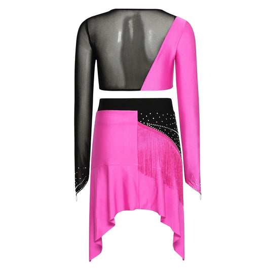 Women Lyrical Dance Outfit Set Modern Contemporary Dancewear Tassel Long Sleeve Mesh Crop Top with Skirted Leotard Ballet Outfit Good Vibrations