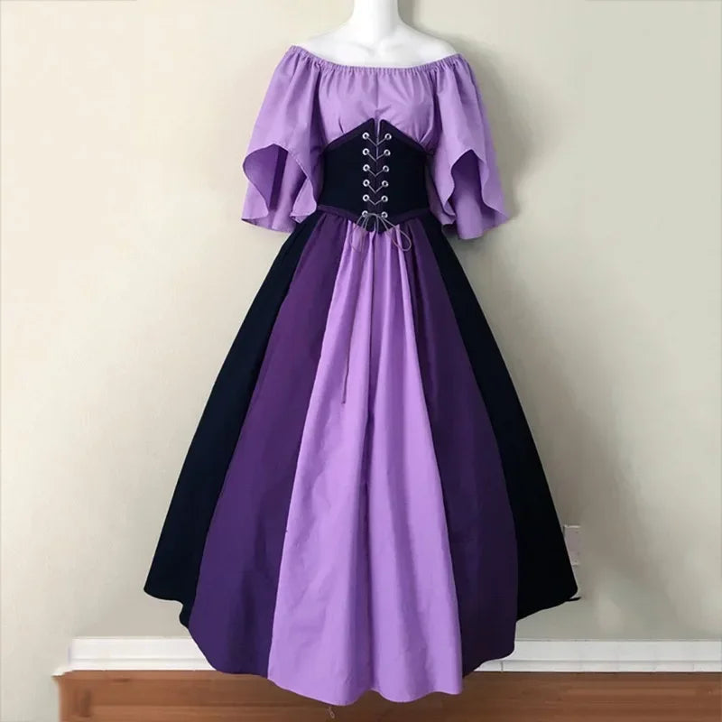 Halloween Costumes for Women Medieval Retro Contrasting Color Slim Swing Dress One-word Shoulder Dress Love Live Cosplay Good Vibrations
