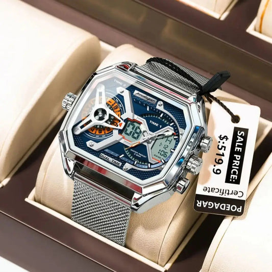 POEDAGAR Top Fashion Men Clock Rectangle Waterproof Date Week LED Man Watch Electronic Mesh Stainless Steel Quartz Men's Watches Good Vibrations