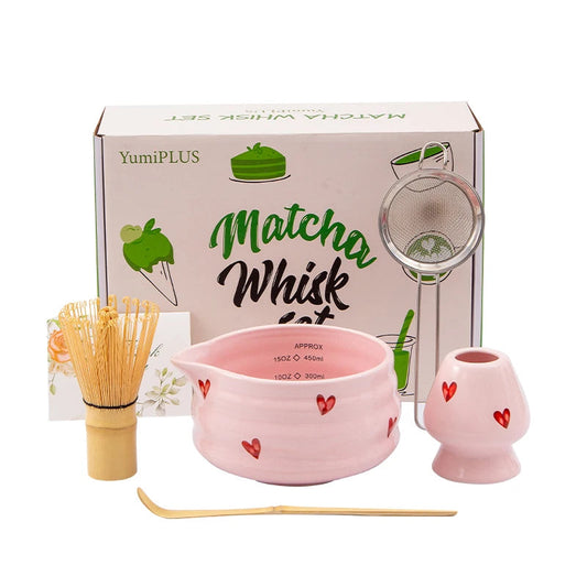 5pcs gift box set of matcha mixer (including gift card), pink heart-shaped Japanese matcha set, birthday and Thanksgiving gifts Good Vibrations