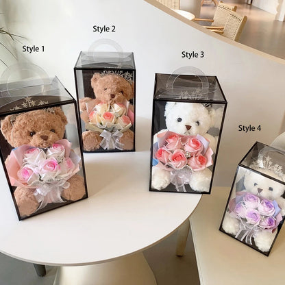1PC Rose Flower Bouquet Plush Bear Gift Box Eternal Flower Bouquet Mother's Day Gifts Wedding Birthday Party Decor Accessories Good Vibrations