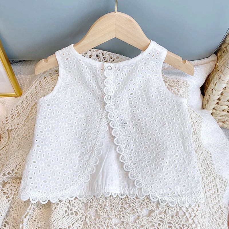 Girls 2024 Summer Clothing Sets Hollow Lace Suit Baby Casual Sleeveless T-shirt+Shorts Kids Clothing Sets Baby Clothes Outfits Good Vibrations