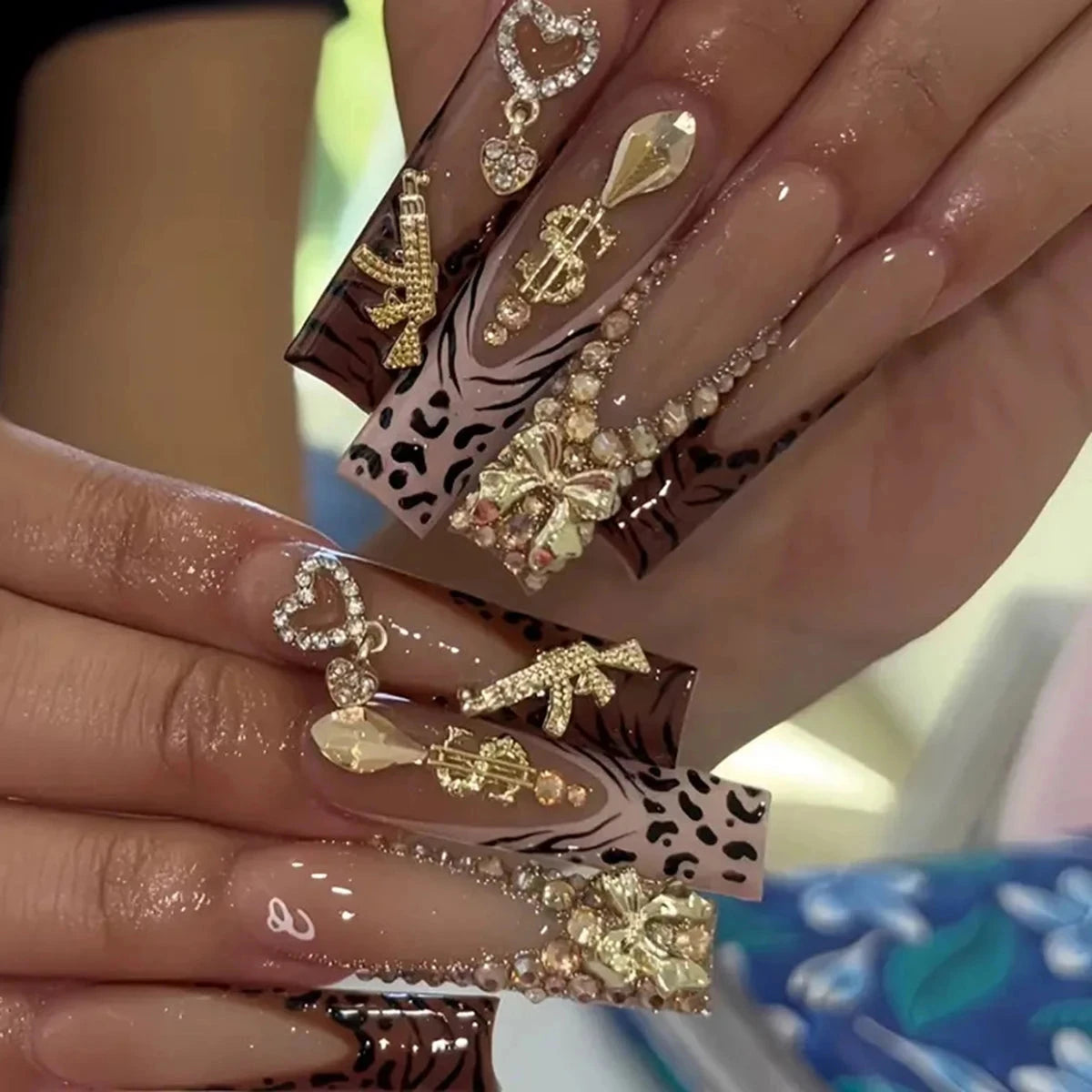 24 pieces of long square armor gold French white leopard print French 3d gold gun flash diamond gold dollar diamond gold - Good Vibrations