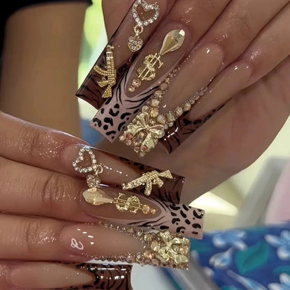 24 pieces of long square armor gold French white leopard print French 3d gold gun flash diamond gold dollar diamond gold - Good Vibrations