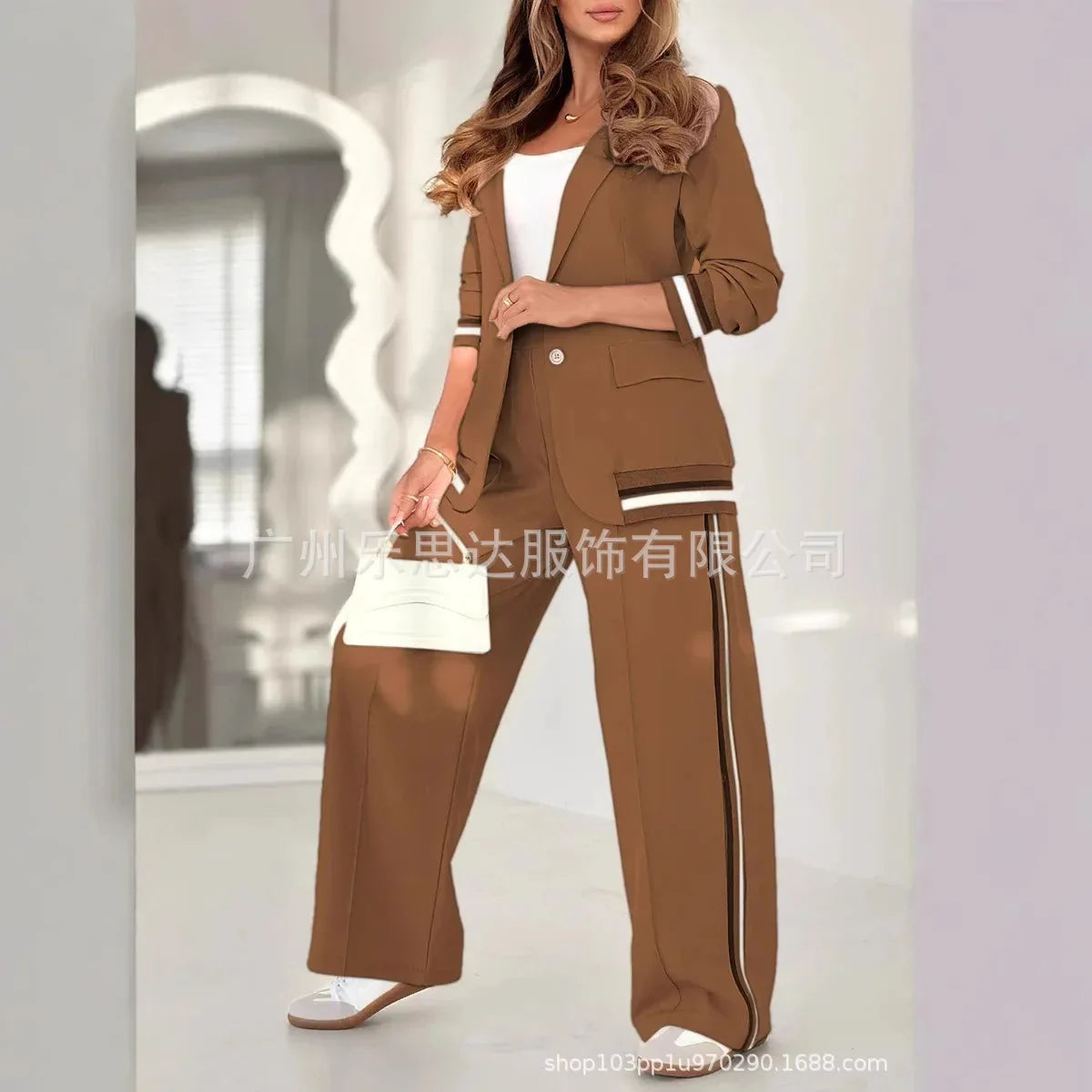 Women Suit Jacket 2 Piece Sets Striped Blazer Coat Turn Down Collar Single Breasted Wide Leg Pants Ensemble Office Lady Outfits Good Vibrations