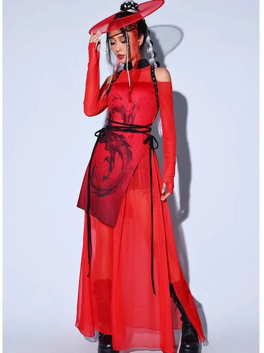 Chinese style red jazz costume for women, elegant and fashionable for business shows and singing performances.