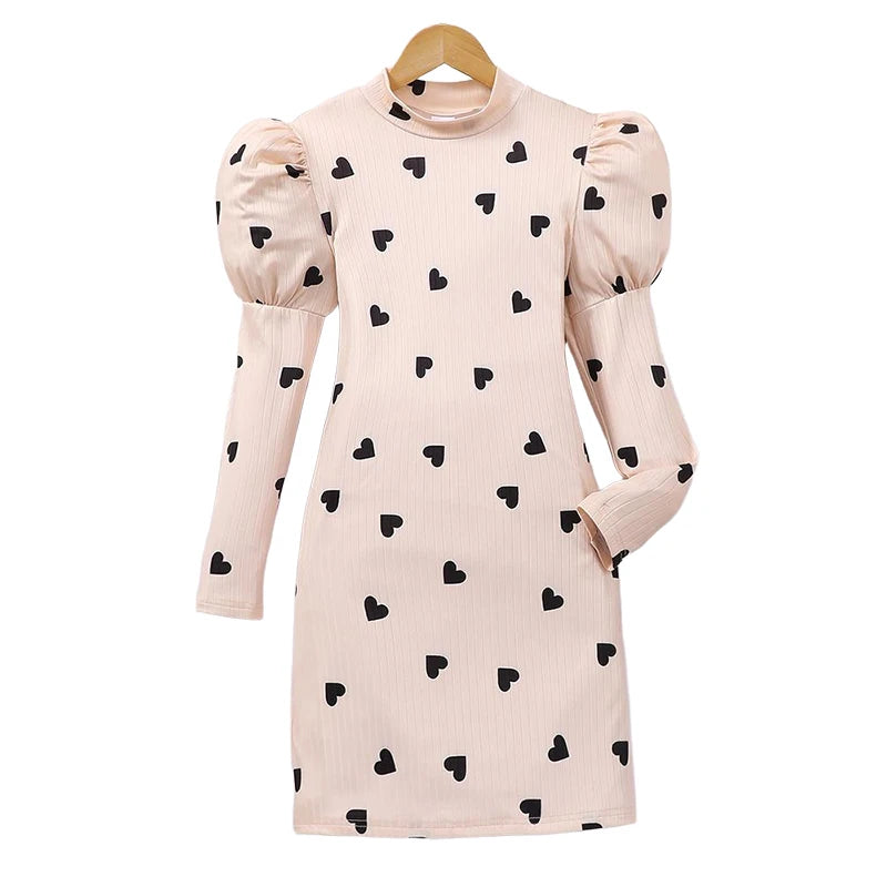 Autumn And Winter Girls Big Children Girls Daily Casual Sweet And Cute Love Printed High Neck Knitted Lantern Sleeve Dress Good Vibrations
