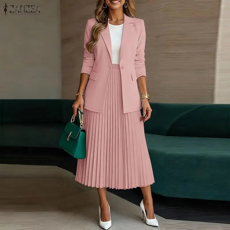 Women's Elegant Office Wear Skirt Suits Long Sleeve Blazer & A-Line Pleated Skirt 2 Pieces Sets ZANZEA Fashion Skirt Sets Outfit Good Vibrations