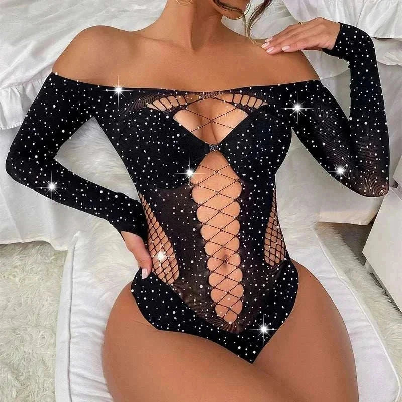 Women’s sexy rhinestone fishnet bodysuit with long sleeves and hollow diamond design.