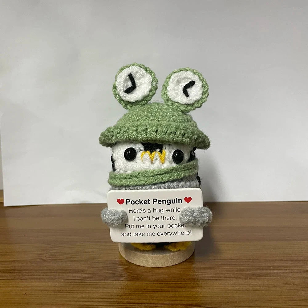 Crochet Energy Penguin Hug Pocket Mini Hand-woven Plush Wool Knitting Doll with Card Funny Christams Gift Home Room Decoration Good Vibrations