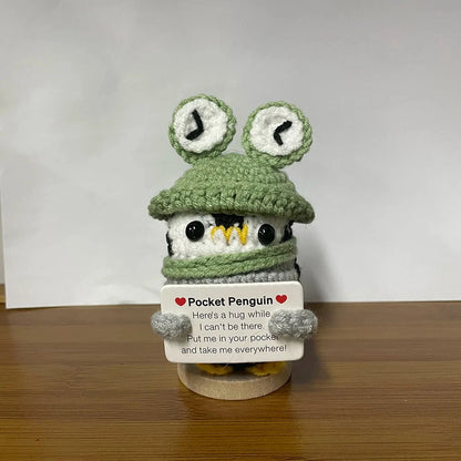 Crochet Energy Penguin Hug Pocket Mini Hand-woven Plush Wool Knitting Doll with Card Funny Christams Gift Home Room Decoration Good Vibrations