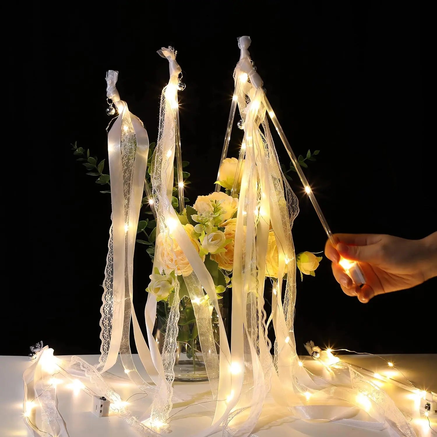 20-60Pcs Light up Wedding Wands LED Ribbon Wands Sparklers with Bells, Wedding Exit Send Off, Dance Floor Props, Wedding Favors Good Vibrations