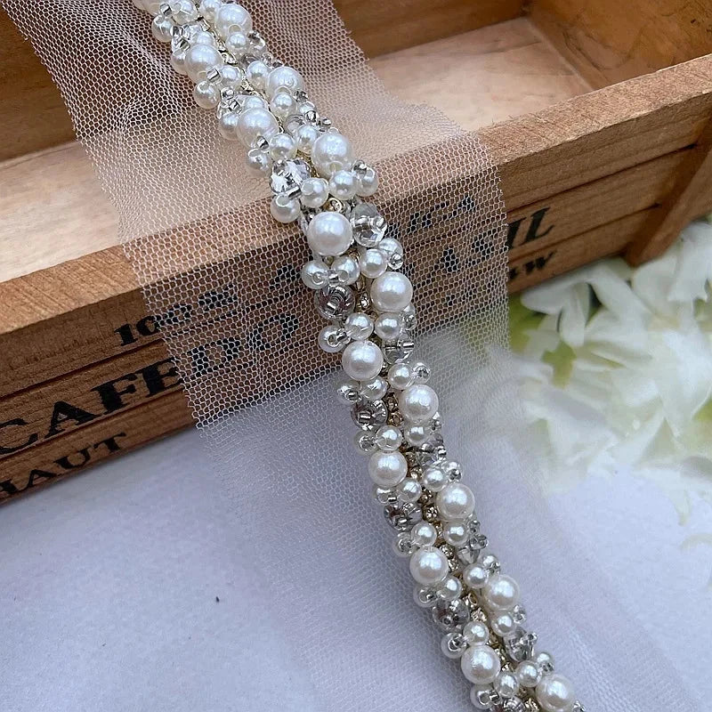 90cm Pearl Beaded Lace Trim Ribbon Garment Decoration Applique Trimming Rhinestone Tape DIY Sewing Fabric Material Accessories Good Vibrations